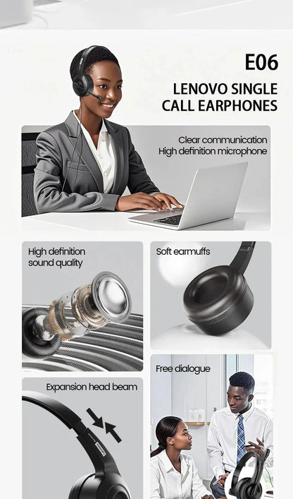 Lenovo E06 Single Ear Wired Headphone With Microphone Stereo Effect Business Meeting Office HD Call Scalable Gaming Headsets Deals 4 U  Gaming Accessories Deals 4 U