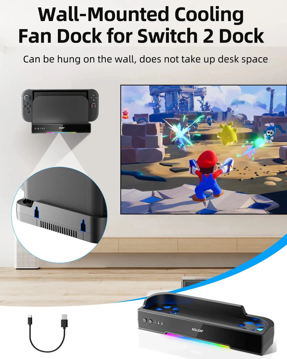 Aolion For Switch 2 Dock RGB Cooling Fan Portable HUB Expansion base Wall Mount With NGC For Switch 2 Accessories Deals 4 U  Console Accessories Deals 4 U
