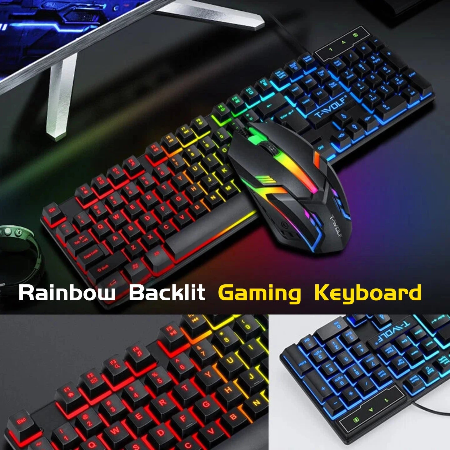 T-WOLF RGB Gaming Keyboard Mouse Headset Mousepad 4 in 1 Combo Wired Mechanical Feel LED Backlit Set for PC Desktop Laptop Gift
