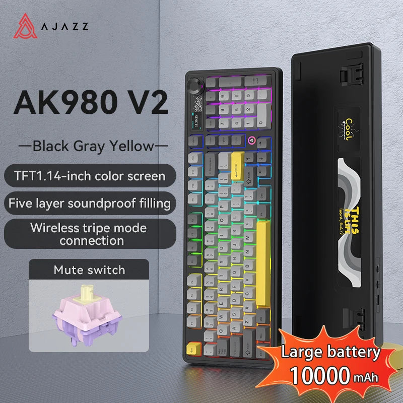 AJAZZ AK980 V2 PRO 98% Gasket Mechanical Keyboard, Hot-Swappable, 10000mAh, TFT Screen & Knob, 8K Polling Rate, RGB Backlit