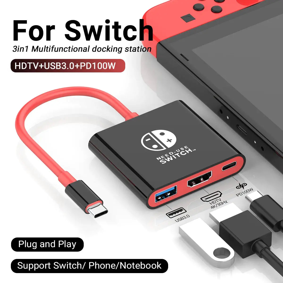 3 In 1 USB C HUB Type C to HDMI 4K with PD 100W Fast Charging USB 3.0 Docking Station for Switch MacBook Laptop Computer Phone Deals 4 U  Console Accessories Deals 4 U