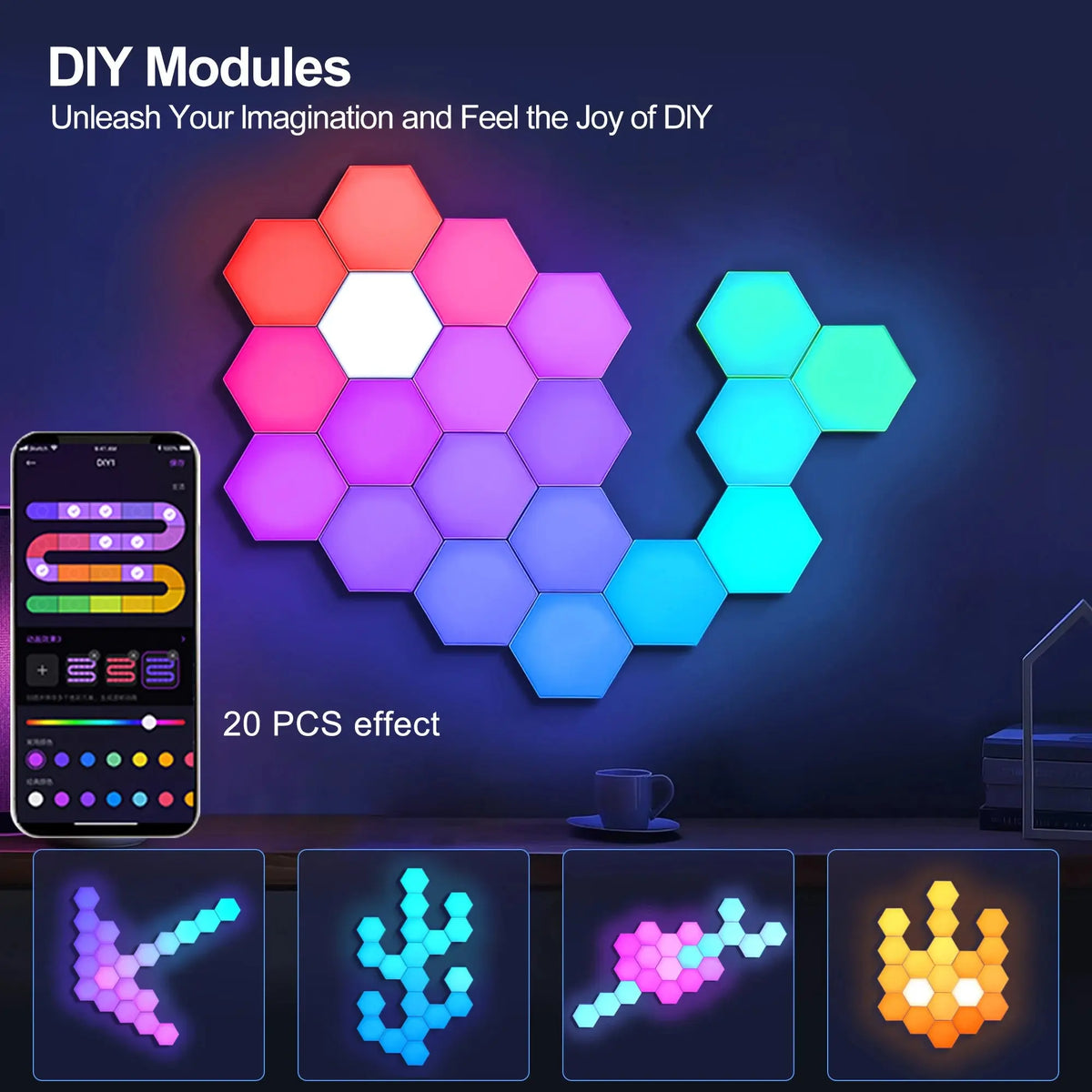 8/12/20 PCS Smart Hexagon Wall Light Color Changing Ambient Hexagonal Lights Night DIY Music Sync MeRGBW APP Games Room Bedroom Deals 4 U  RGB Hexagon Wall Lights Deals 4 U