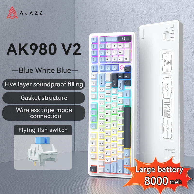 AJAZZ AK980 V2 PRO 98% Gasket Mechanical Keyboard, Hot-Swappable, 10000mAh, TFT Screen & Knob, 8K Polling Rate, RGB Backlit