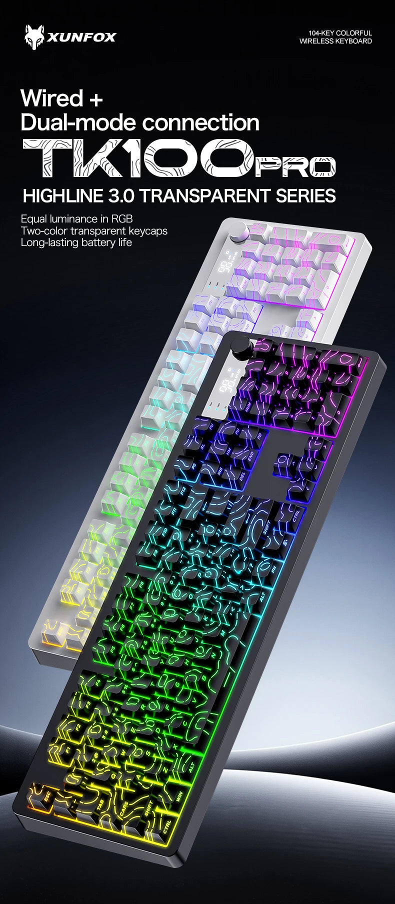 TK100 wireless Bluetooth wired triple-mode mechanical feel keyboard with high-definition display, rotary knob and RGB lighting