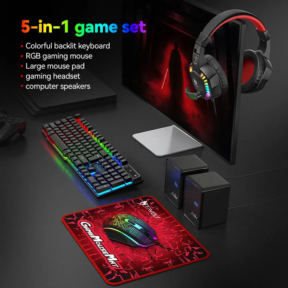 5-in-1 Set Gaming Combo Keyboard 4-color Breathing Light Mouse 3.5mm Gaming Headset Gaming Speaker Anti-slip Mouse Pad NEW HOT Deals 4 U  Gaming Accessories Deals 4 U
