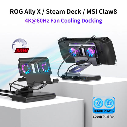 6-in-1 Gaming Console Cooling Dock with Metal Bracket RGB Dual Fans Adjustable Height for ROG ALLY Steam Deck LEGION Go Ipad