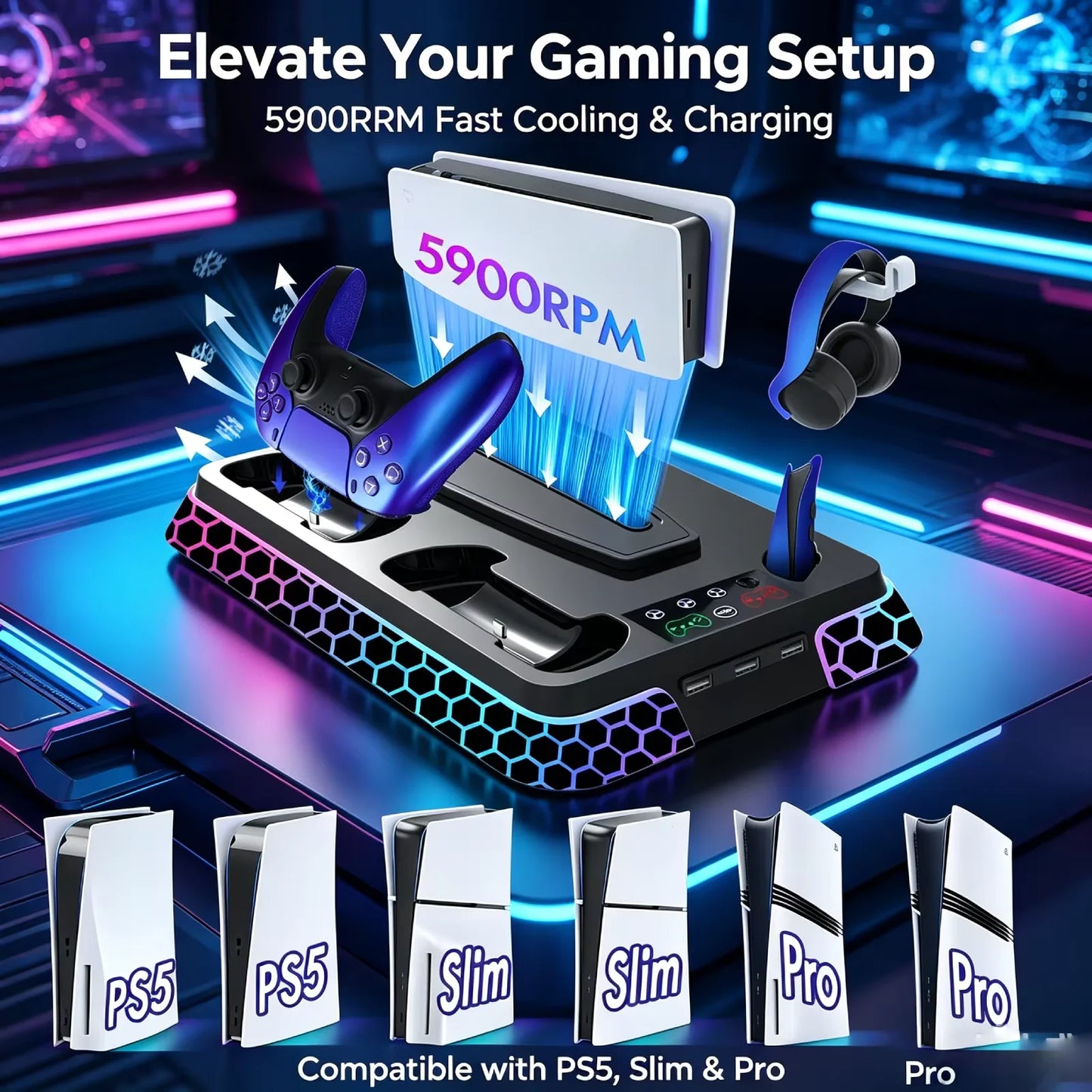 For PS5/PS5 Slim/PS5 Pro All-in-One Cooling Stand Base Model with RGB Lighting Effects Storage Function game Controller base