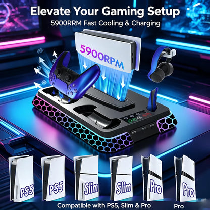 For PS5/PS5 Slim/PS5 Pro All-in-One Cooling Stand Base Model with RGB Lighting Effects Storage Function game Controller base