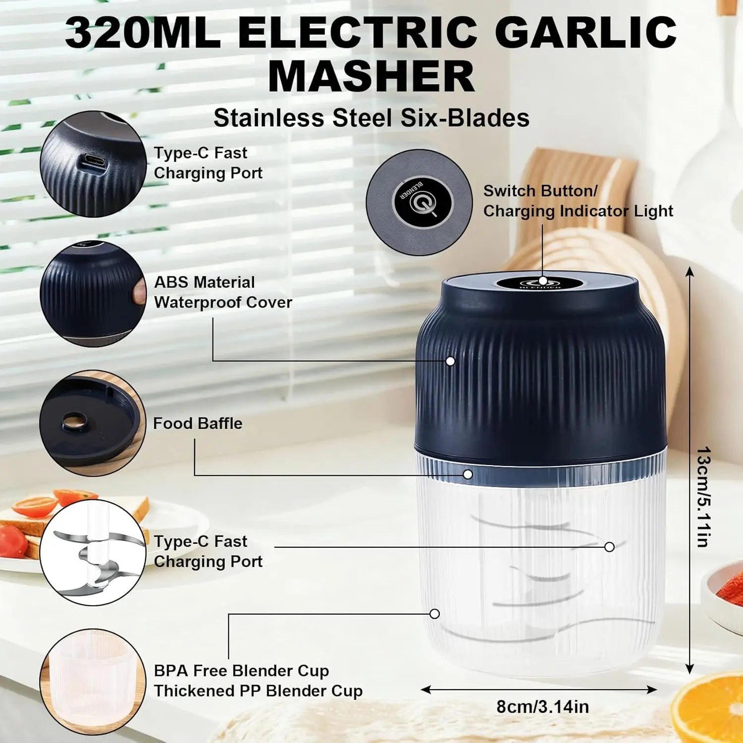 300ml Capacity Electric Garlic Chopper, Mini Portable Veggie Cutter, 4 Sharp Stainless Steel Blades Mini Electric Food Chopper, Compact Size, Easy to Clean, One-Touch Operation (Blue) Deals 4 U  Smart Home Gadget Deals 4 U