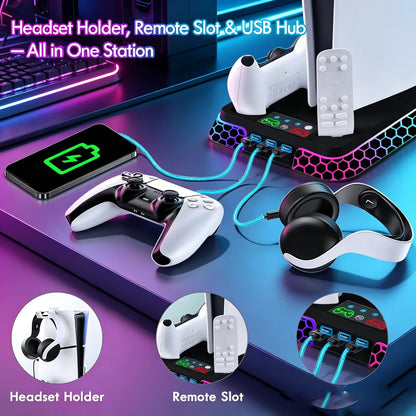 For PS5/PS5 Slim/PS5 Pro All-in-One Cooling Stand Base Model with RGB Lighting Effects Storage Function game Controller base