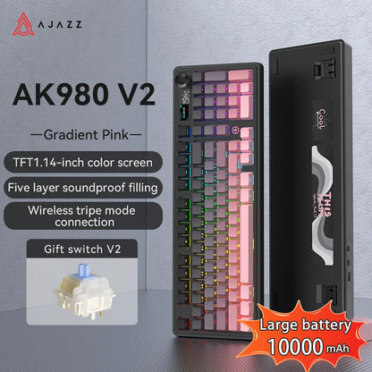 AJAZZ AK980 V2 PRO 98% Gasket Mechanical Keyboard, Hot-Swappable, 10000mAh, TFT Screen & Knob, 8K Polling Rate, RGB Backlit