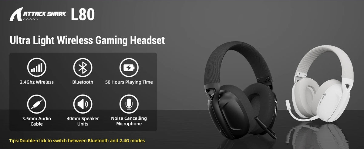 ATTACK SHARK L80 180g Ultra-Light Gaming Headset, Pluggable Microphone, Wired/Bluetooth/2.4G Wireless, 5.1 Channel Stereo Sound