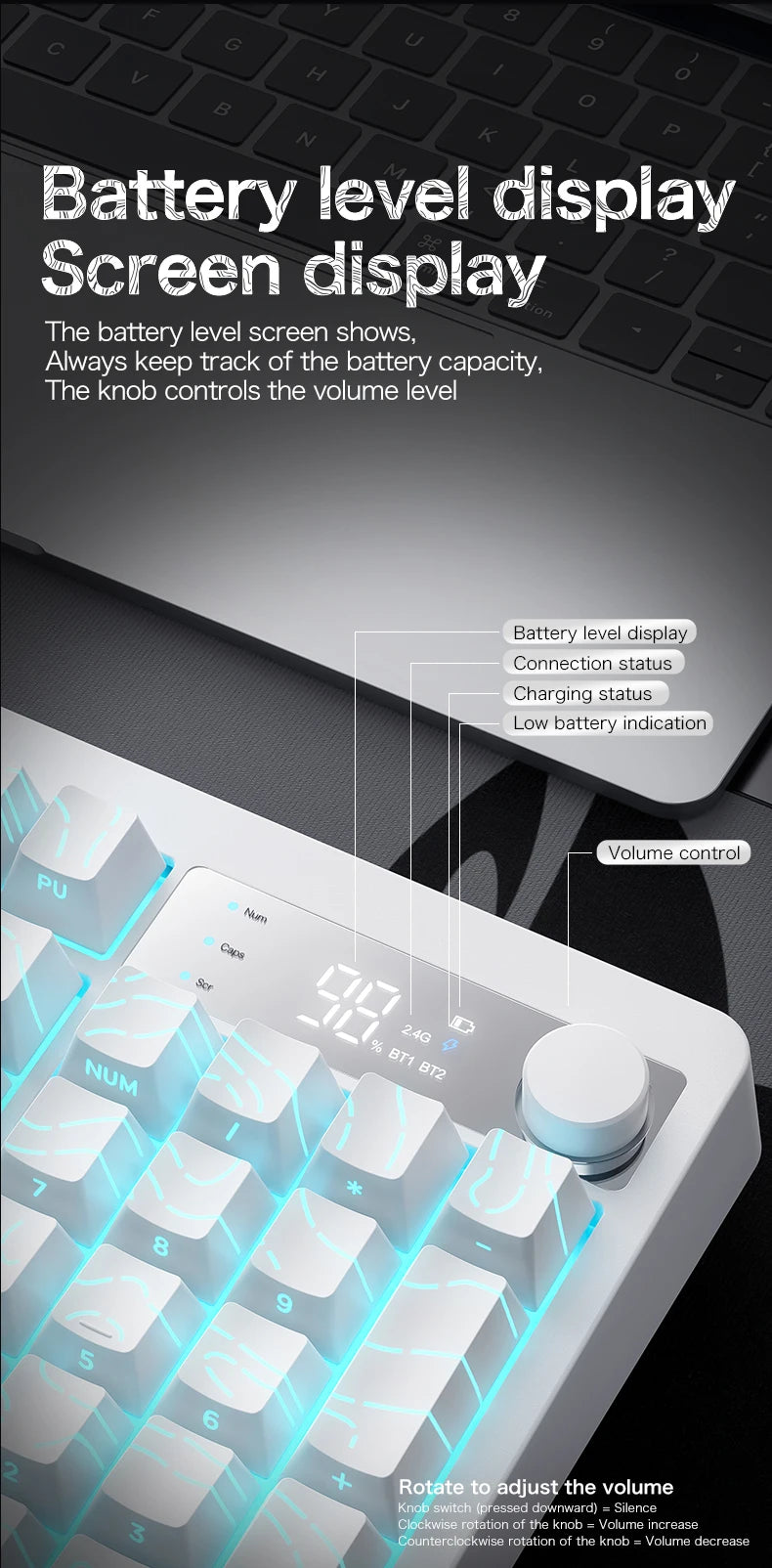 TK100 wireless Bluetooth wired triple-mode mechanical feel keyboard with high-definition display, rotary knob and RGB lighting