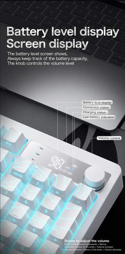 TK100 wireless Bluetooth wired triple-mode mechanical feel keyboard with high-definition display, rotary knob and RGB lighting