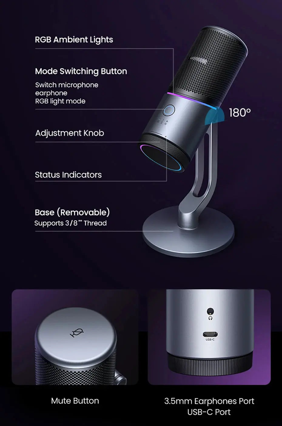 Mic USB Microphone with RGB Modes Professional Condenser Mic for PC Mac Gaming Karaoke Recording Streaming Podcasting Deals 4 U  Streaming Equipment Deals 4 U