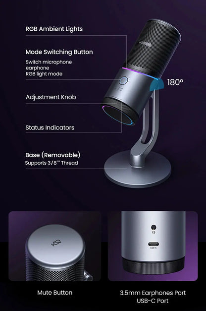 Mic USB Microphone with RGB Modes Professional Condenser Mic for PC Mac Gaming Karaoke Recording Streaming Podcasting Deals 4 U  Streaming Equipment Deals 4 U