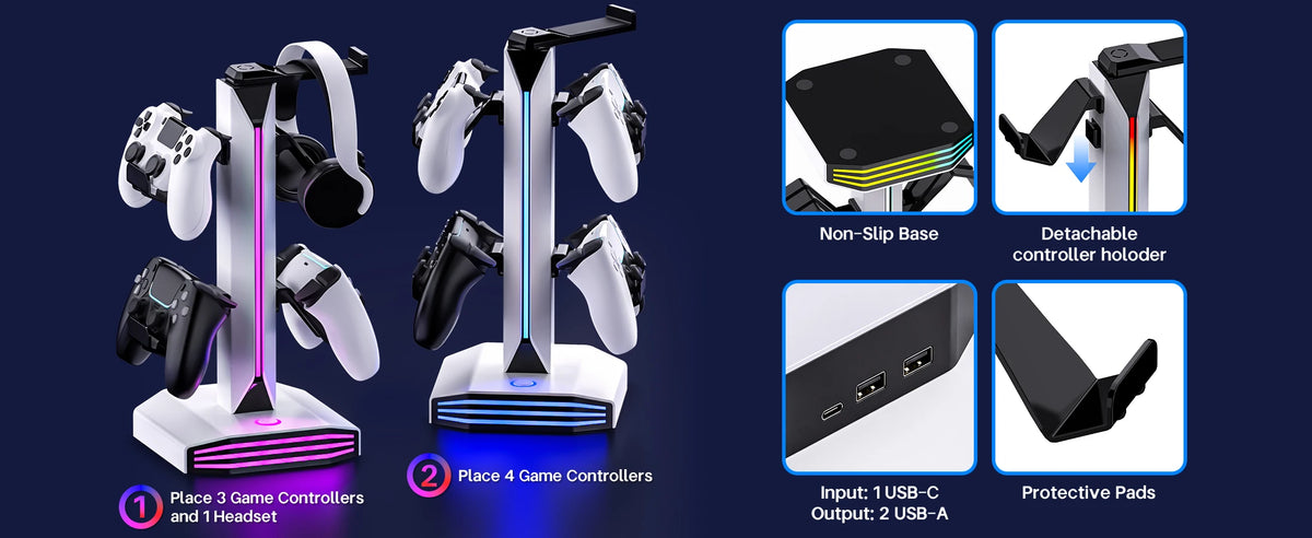 RGB Game Controller Holder Rack with 7 Light Modes, Headphone Stand 2 USB Charging and 1 Type-C for PS5/PS4/Xbox/Switch Pro