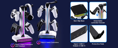 RGB Game Controller Holder Rack with 7 Light Modes, Headphone Stand 2 USB Charging and 1 Type-C for PS5/PS4/Xbox/Switch Pro