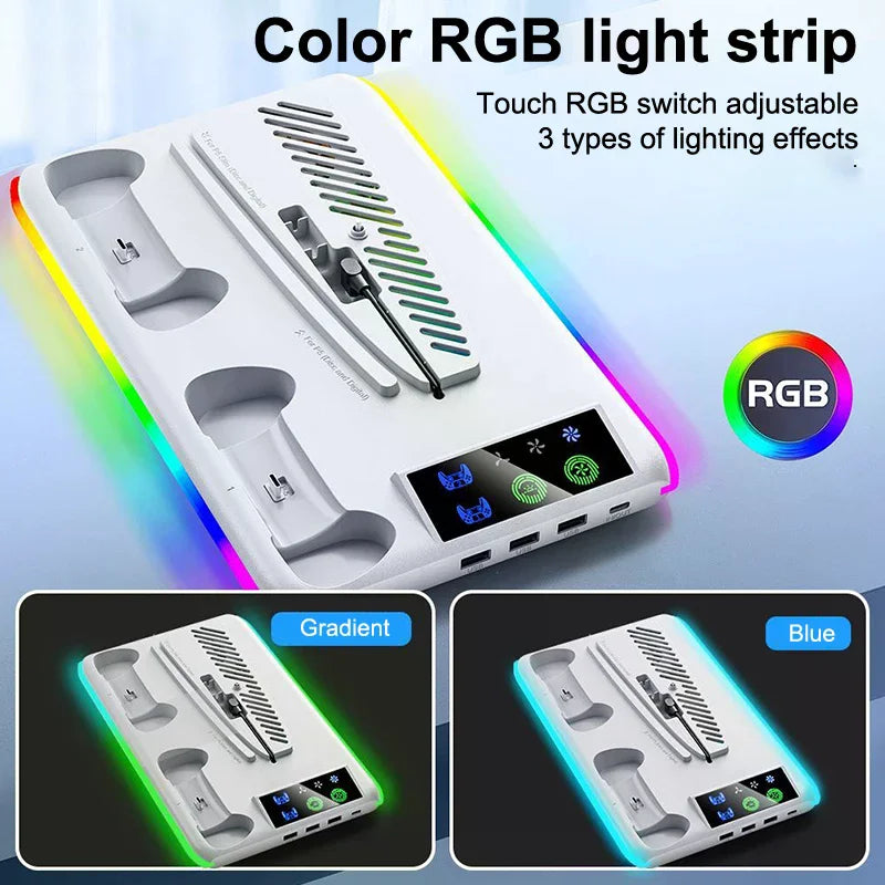 For PS5 Slim/PS5 Stand Cooling Holder & Controller Charging Station With Headphone Hook RGB Light 3 Levels Cooling Fan For PS5