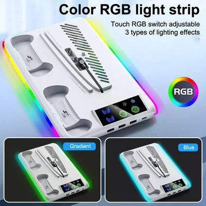 For PS5 Slim/PS5 Stand Cooling Holder & Controller Charging Station With Headphone Hook RGB Light 3 Levels Cooling Fan For PS5