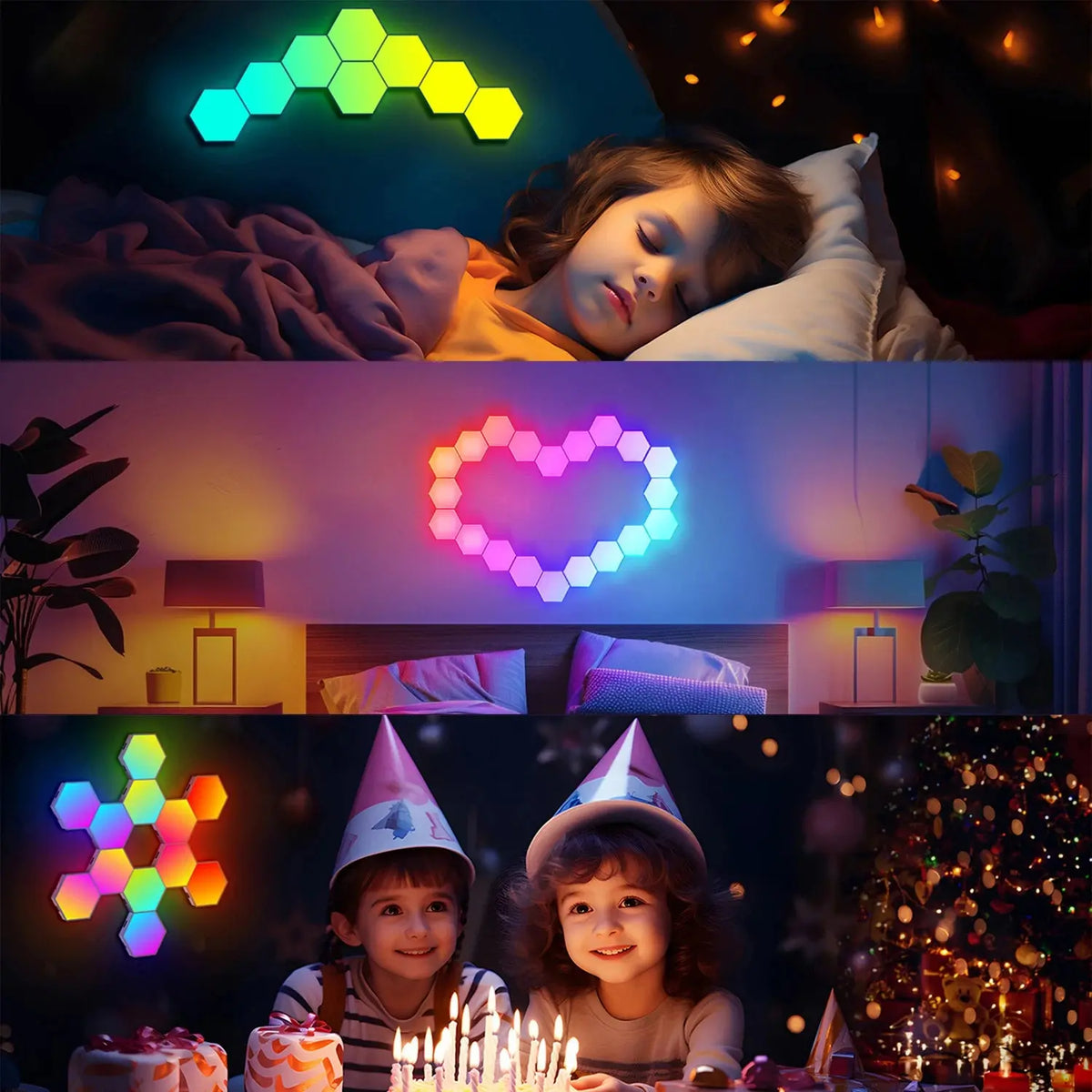 8/12/20 PCS Smart Hexagon Wall Light Color Changing Ambient Hexagonal Lights Night DIY Music Sync MeRGBW APP Games Room Bedroom Deals 4 U  RGB Hexagon Wall Lights Deals 4 U