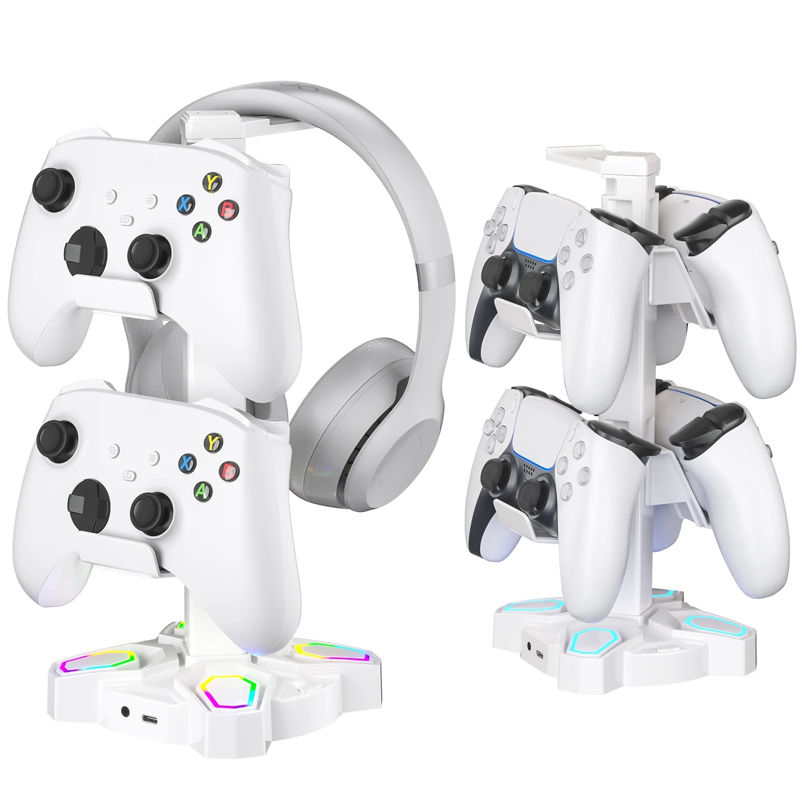 USB Hub Controller Holder Headphones Stand Rotatable Headset Stand with 9 Light Modes with 2 USB Charging Type-C Ports Deals 4 U   Deals 4 U