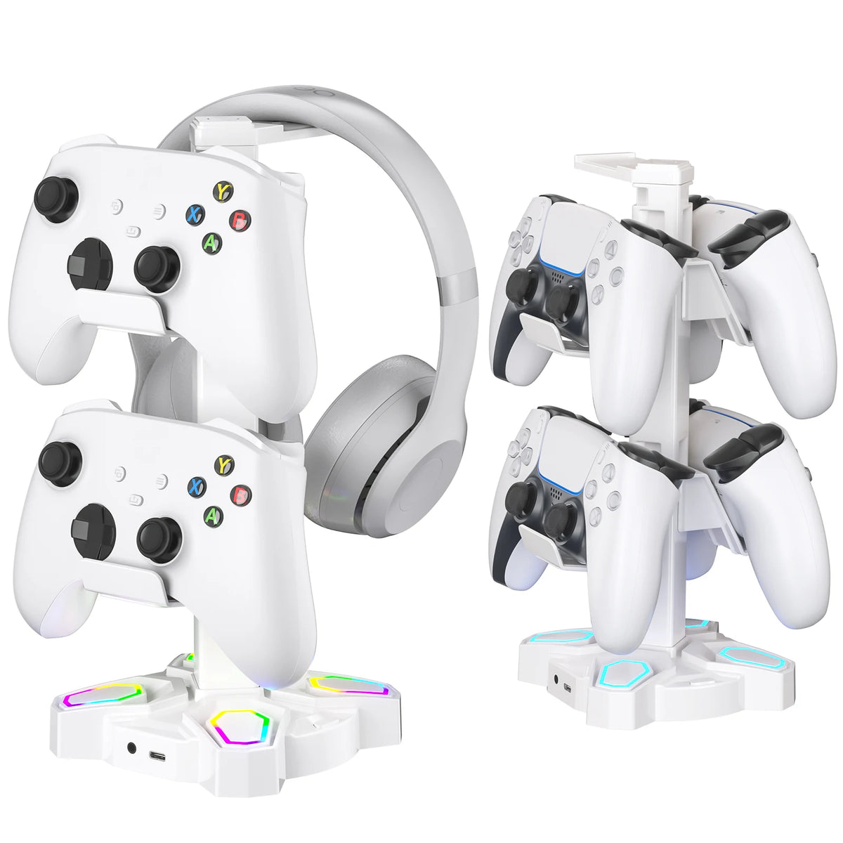 USB Hub Controller Holder Headphones Stand Rotatable Headset Stand with 9 Light Modes with 2 USB Charging Type-C Ports Deals 4 U   Deals 4 U