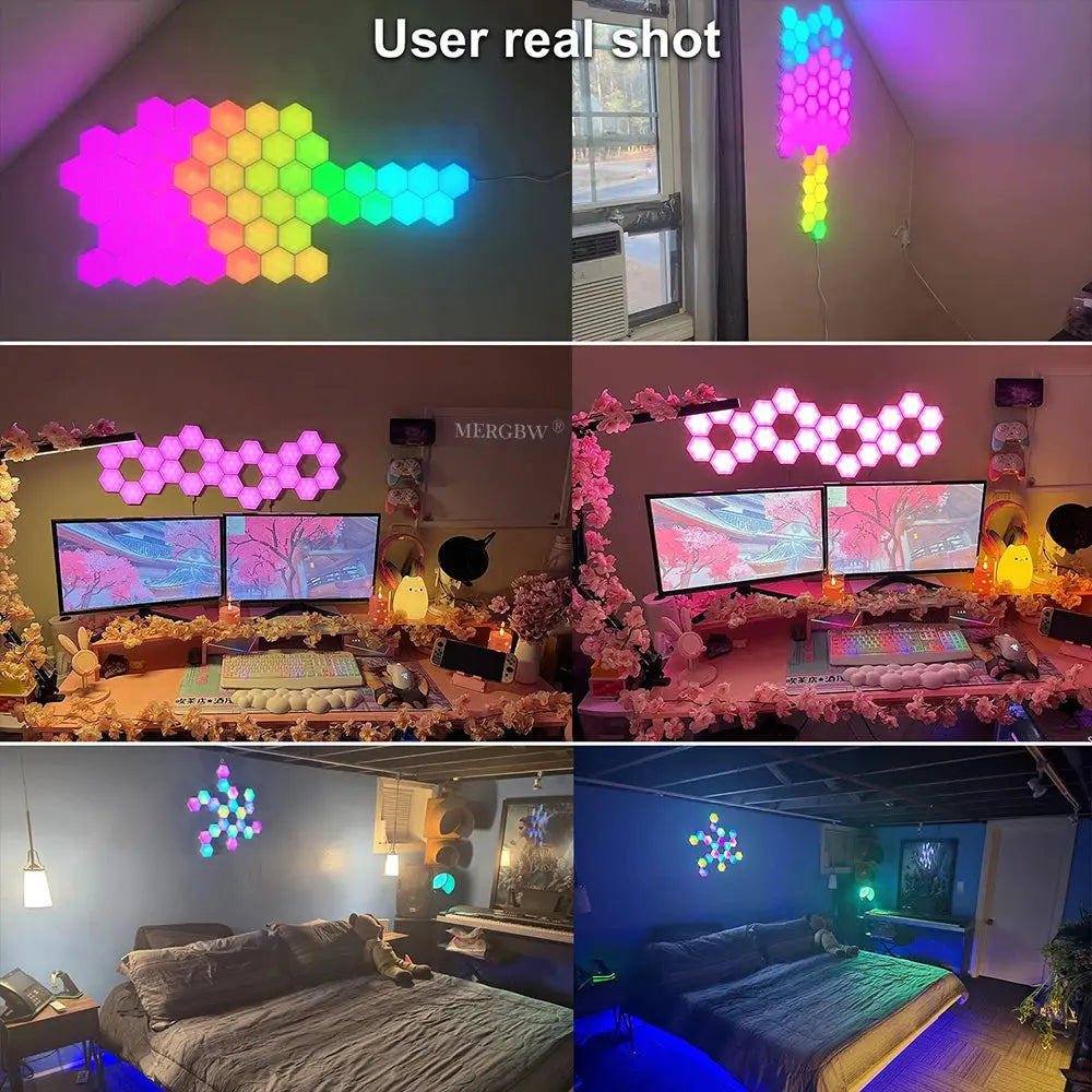 8/12/20 PCS Smart Hexagon Wall Light Color Changing Ambient Hexagonal Lights Night DIY Music Sync MeRGBW APP Games Room Bedroom Deals 4 U  RGB Hexagon Wall Lights Deals 4 U