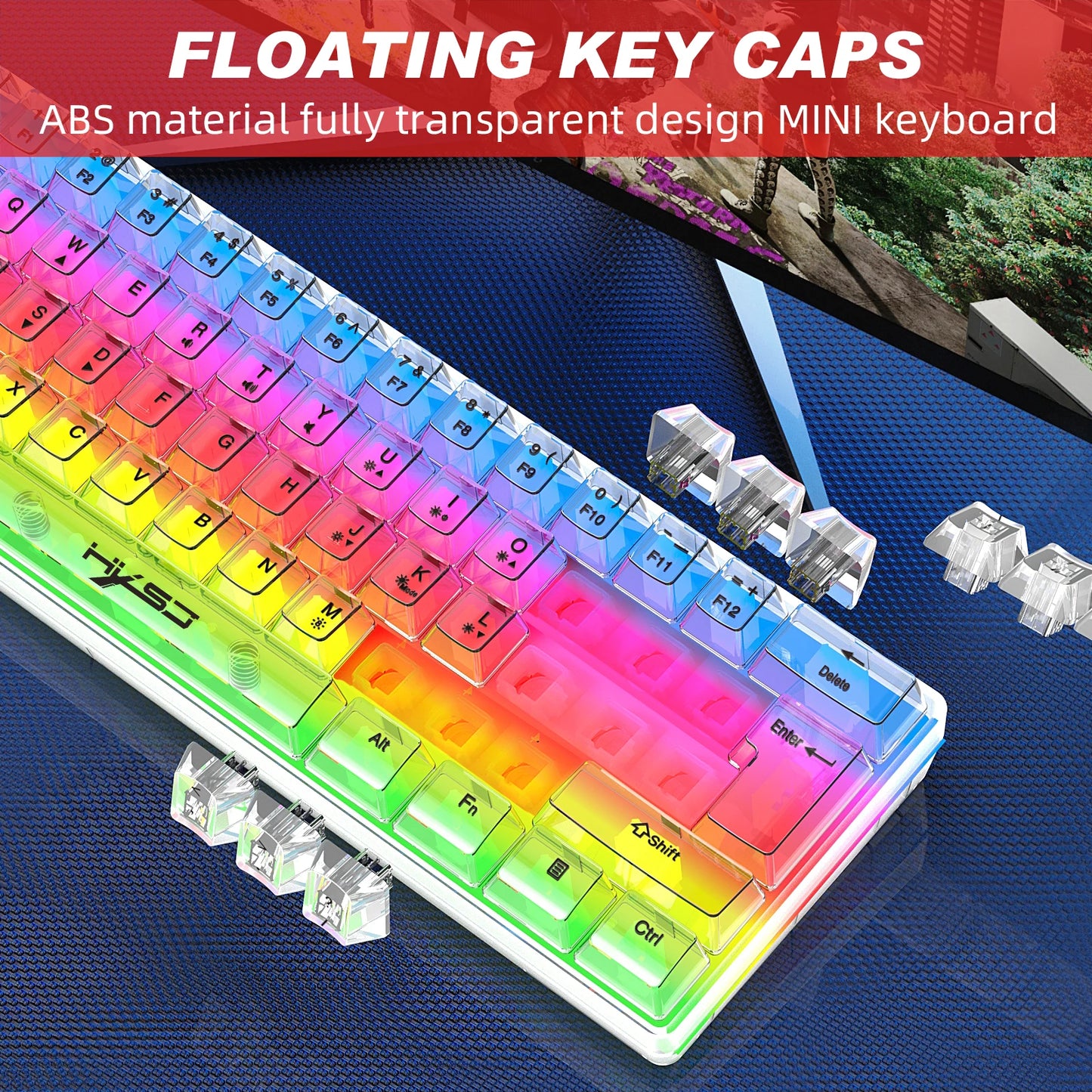 HXSJ 60% Wired Transparent Gaming Keyboard, RGB Backlit Ultra-Compact Waterproof Small Compact 61 Keys Keyboard for PC/Mac
