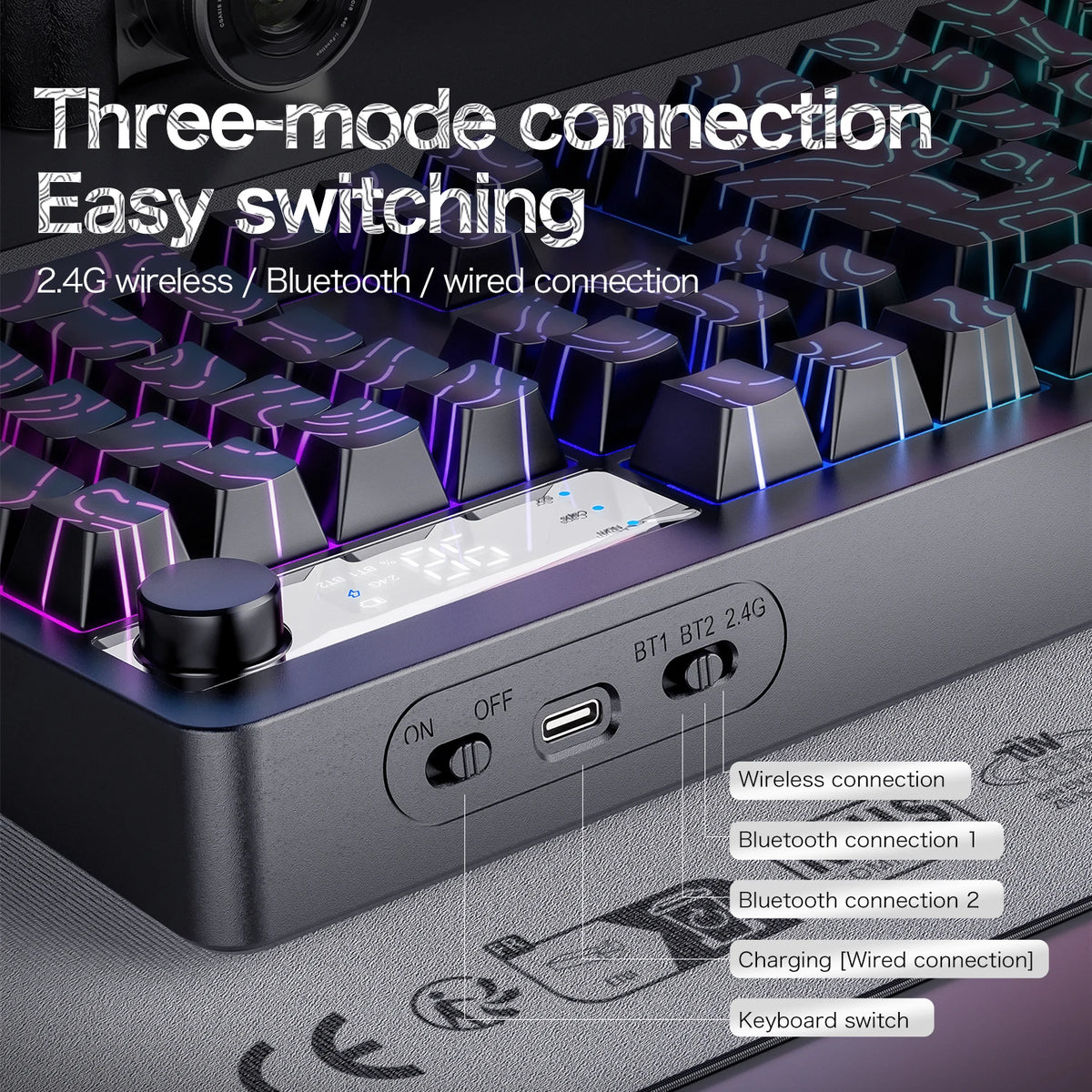 TK100 wireless Bluetooth wired triple-mode mechanical feel keyboard with high-definition display, rotary knob and RGB lighting