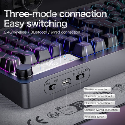 TK100 wireless Bluetooth wired triple-mode mechanical feel keyboard with high-definition display, rotary knob and RGB lighting