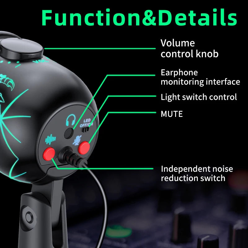 Gaming Microphone USB Microphone for PC Condenser Podcast Mic for Studio Recording with Headphone Jack, Led, Noise Cancellation Deals 4 U   Deals 4 U