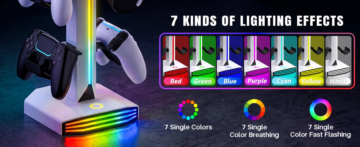 RGB Game Controller Holder Rack with 7 Light Modes, Headphone Stand 2 USB Charging and 1 Type-C for PS5/PS4/Xbox/Switch Pro