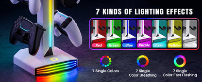 RGB Game Controller Holder Rack with 7 Light Modes, Headphone Stand 2 USB Charging and 1 Type-C for PS5/PS4/Xbox/Switch Pro