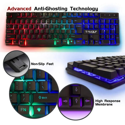T-WOLF RGB Gaming Keyboard Mouse Headset Mousepad 4 in 1 Combo Wired Mechanical Feel LED Backlit Set for PC Desktop Laptop Gift