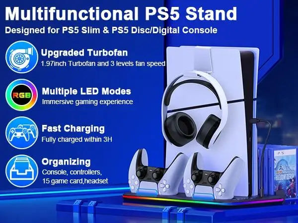 BEBONCOOL S2000 PS5 Slim Stand | 3-Gear Cooling RGB Light Dual Charger 15 Game Slot Headset Holder for Disc/Digital Pro Gaming