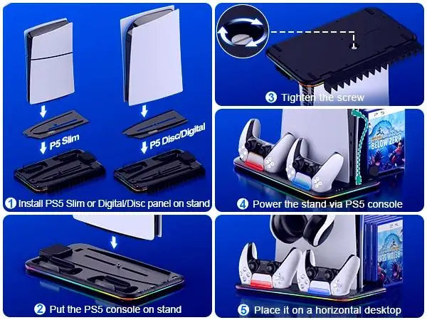BEBONCOOL S2000 PS5 Slim Stand | 3-Gear Cooling RGB Light Dual Charger 15 Game Slot Headset Holder for Disc/Digital Pro Gaming