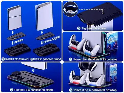 BEBONCOOL S2000 PS5 Slim Stand | 3-Gear Cooling RGB Light Dual Charger 15 Game Slot Headset Holder for Disc/Digital Pro Gaming