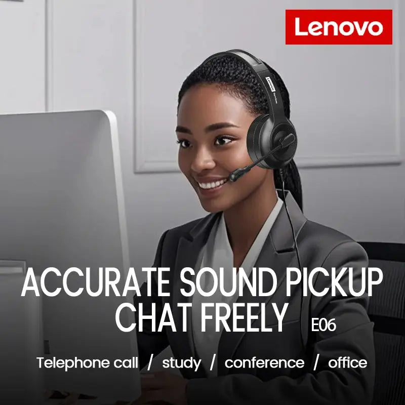 Lenovo E06 Single Ear Wired Headphone With Microphone Stereo Effect Business Meeting Office HD Call Scalable Gaming Headsets Deals 4 U  Gaming Accessories Deals 4 U
