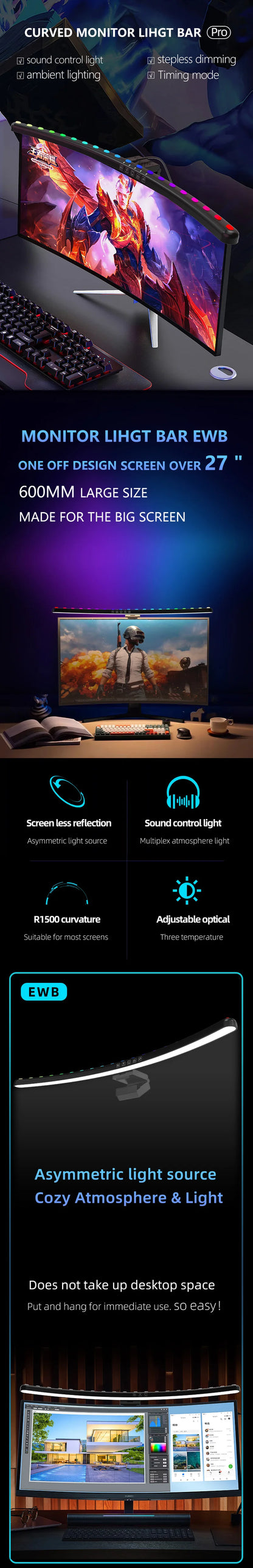 Computer Monitor Light Bar RGB Music Rhythm Screen Hanging Lights Dimming Desk Lamp Reading Gaming Table Lighting