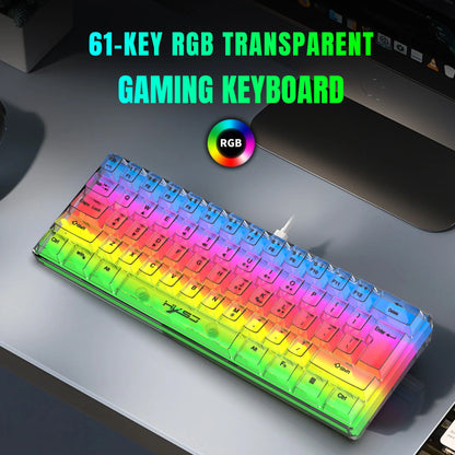 HXSJ 60% Wired Transparent Gaming Keyboard, RGB Backlit Ultra-Compact Waterproof Small Compact 61 Keys Keyboard for PC/Mac