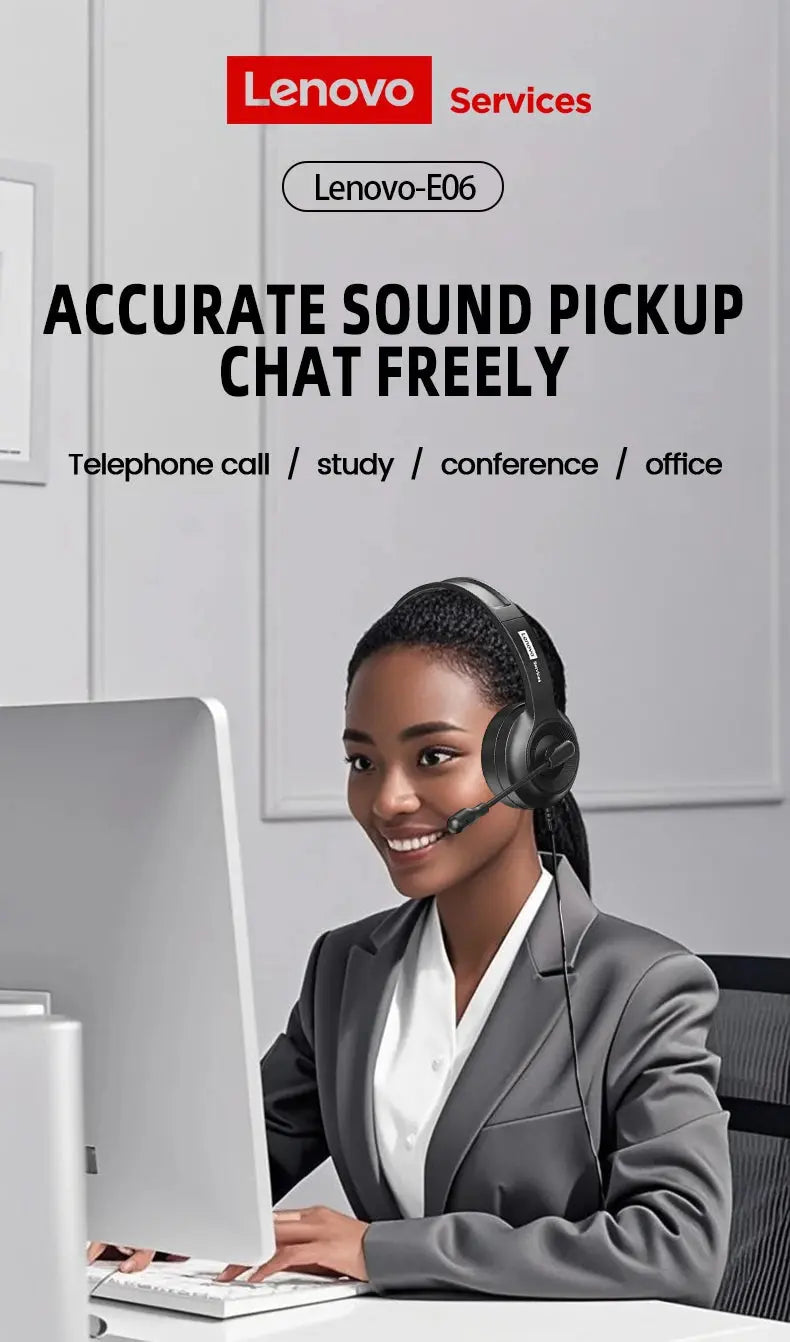 Lenovo E06 Single Ear Wired Headphone With Microphone Stereo Effect Business Meeting Office HD Call Scalable Gaming Headsets Deals 4 U  Gaming Accessories Deals 4 U