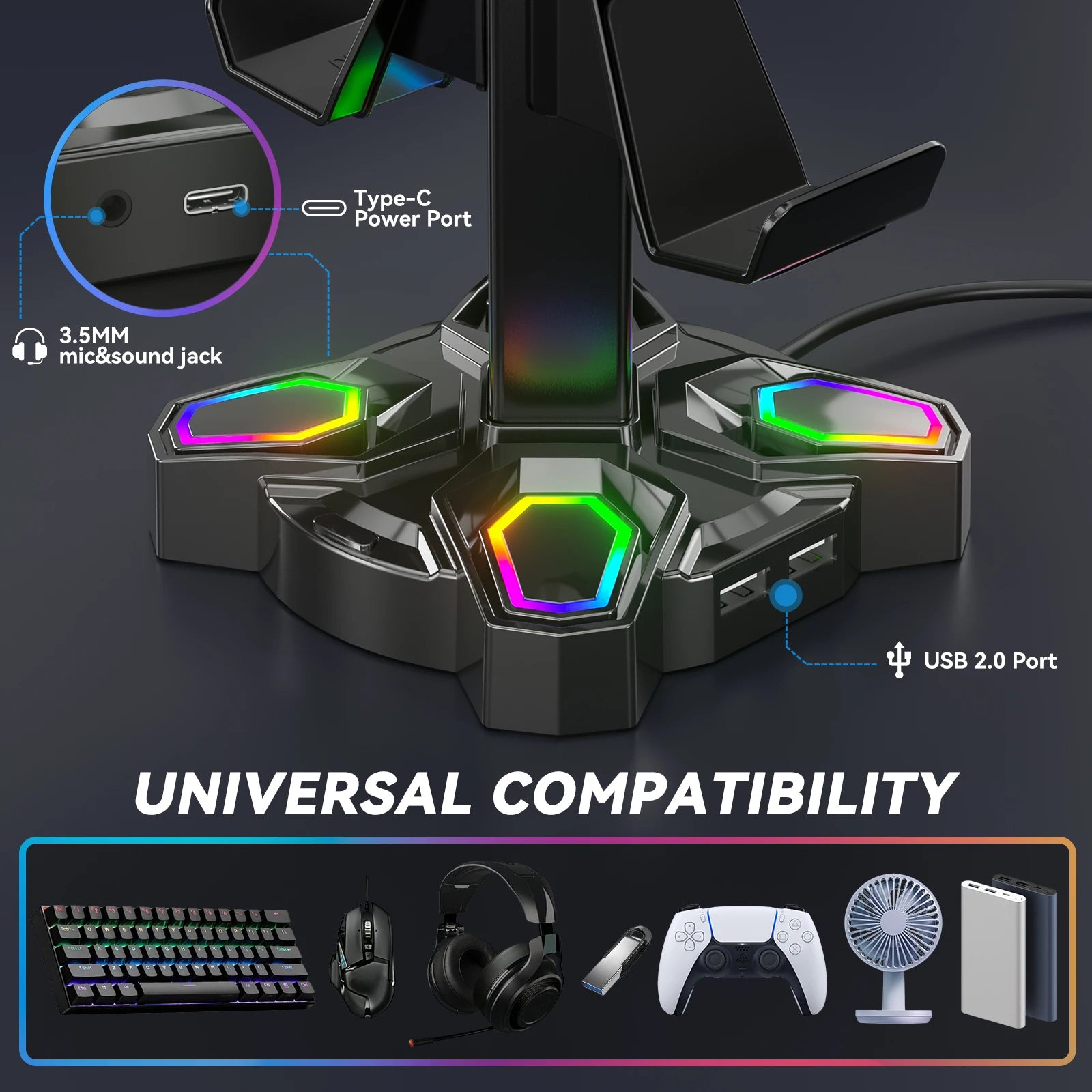USB Hub Controller Holder Headphones Stand Rotatable Headset Stand with 9 Light Modes with 2 USB Charging Type-C Ports Deals 4 U   Deals 4 U